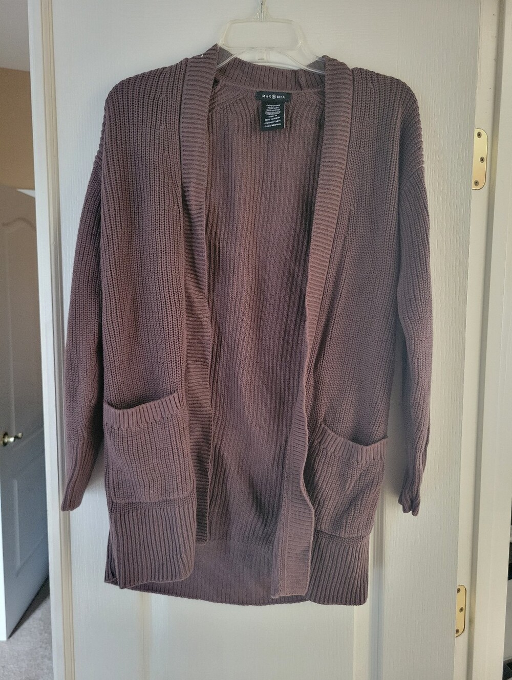 Max & Mia Women Open Front Cotton Knit Cardigan Sweater Pockets Brown M Fall